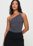 front view of model wearing Princess Polly Talija One Shoulder Bodysuit Slate Sleeveless Asymmetric Neckline 