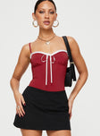 front view of model wearing Princess Polly Damsel Bodysuit Burgundy Sleeveless 