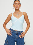 front view of model wearing Princess Polly Cinq Cami Top Baby Blue Sleeveless V-Neck 