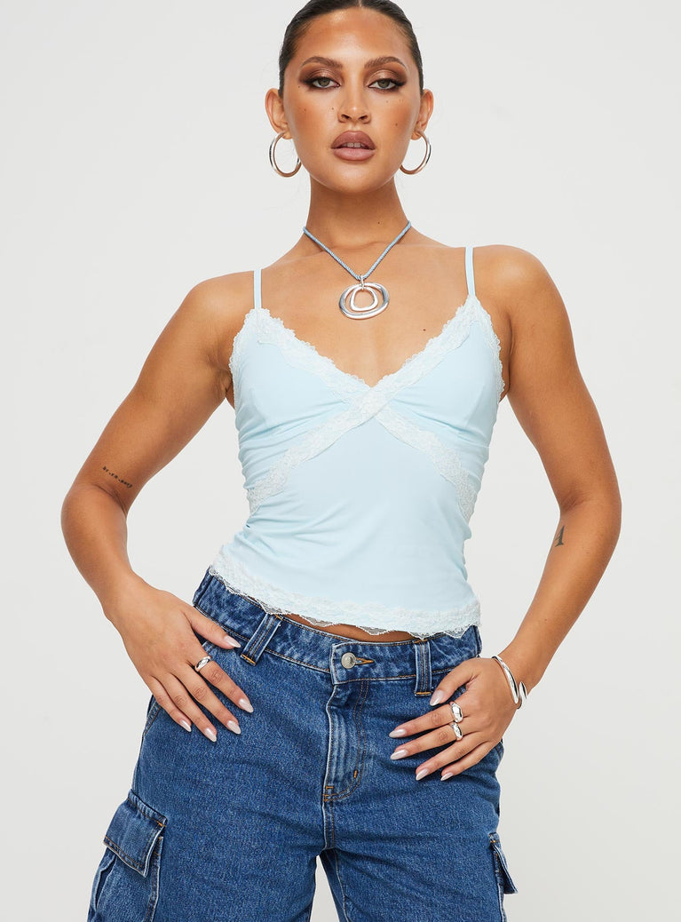 front view of model wearing Princess Polly Cinq Cami Top Baby Blue Sleeveless V-Neck 