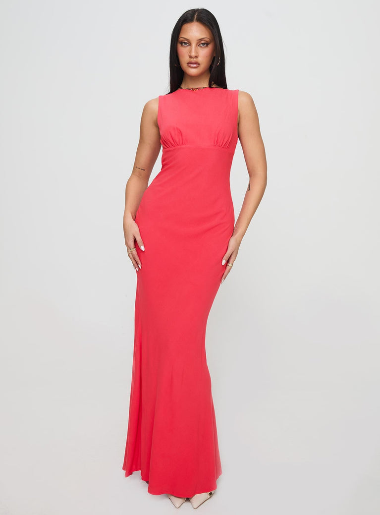 front view of model wearing Princess Polly Bourne Maxi Dress Red Crew Neck 