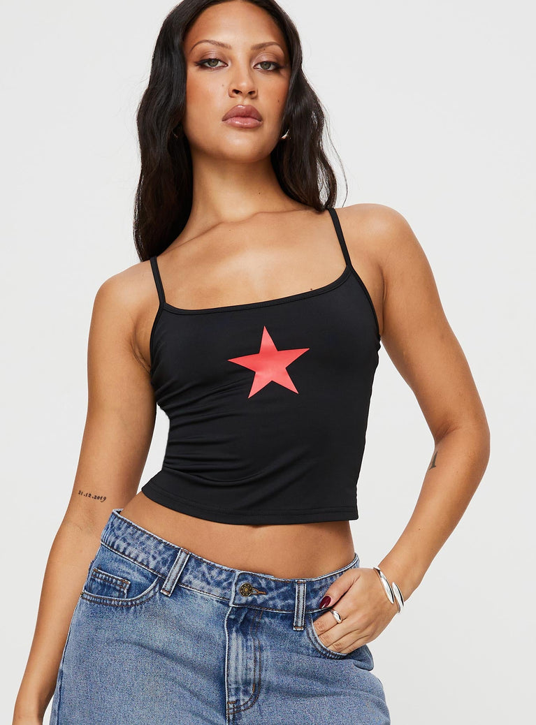 front view of model wearing Princess Polly Star Girl Cami Black Sleeveless Square Neck 