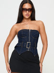 front view of model wearing Princess Polly Curl Curl Strapless Denim Top Dark Wash Sleeveless straight 