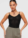 front view of model wearing Princess Polly Going For It Knit Bodysuit Black Sleeveless Scoop Neck 