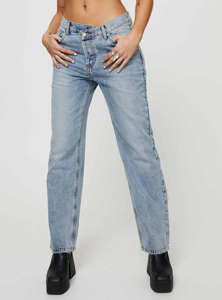 product Princess Polly Low Rise Jeans  Holly Asymmetric Straight Leg Jean Light Wash Denim Lower Impact