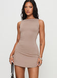 side view of model wearing Princess Polly Karreey Mini Dress Mocha Crew Neck 