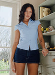 front view of model wearing Princess Polly Rhode Mini Skort Blue Denim Low Rise Shorts 