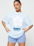 Front view of model wearing  front Princess Polly Half Sleeves Crew Neck  Tahiti Island Oversized Tee Blue