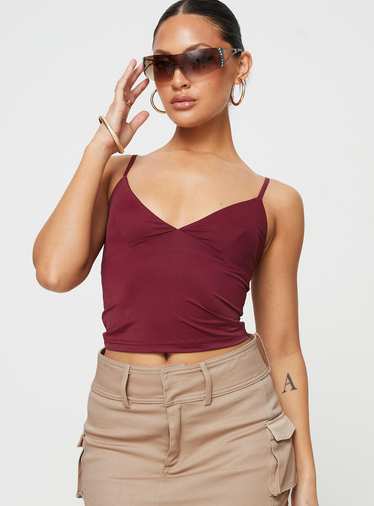 Front view of model wearing  front Princess Polly Sleeveless Scoop Neck  Kazan Cami Wine