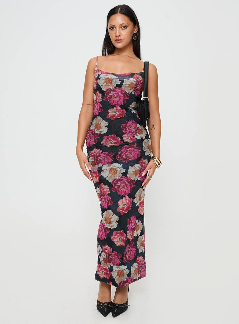 front view of model wearing Princess Polly Auley Maxi Dress Multi / Red Floral Cowl Neck 