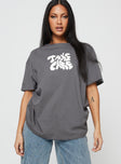 Front view of model wearing  front Princess Polly Half Sleeves High Neck  Take Care Oversized Tee Grey