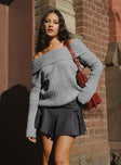 back view of model wearing Princess Polly Snowie Off Shoulder Knit Sweater Grey Long 