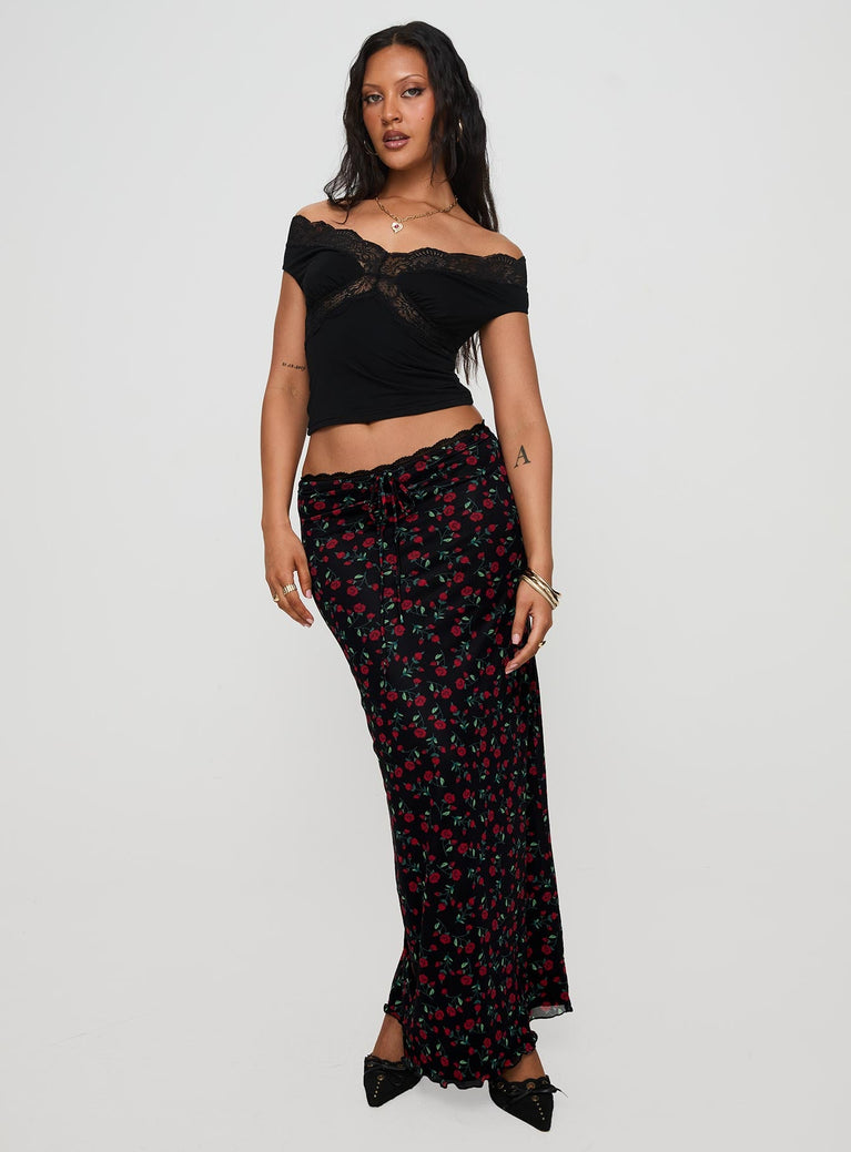   front view of model wearing Princess Polly Donabella Mesh Maxi Skirt Black / Red Maxi 