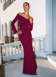 front view of model wearing Princess Polly Cecilia Off The Shoulder Maxi Dress Wine V-Neck 