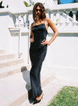 side view of model wearing Princess Polly Estrellas Lace Maxi Dress Black Square Neck 