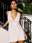 front view of model wearing Princess Polly Moiselle Embroidered Bias Mini Dress Ivory Plunger 