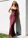 front view of model wearing Princess Polly Sugarina Lace Maxi Dress Wine Cowl Neck 