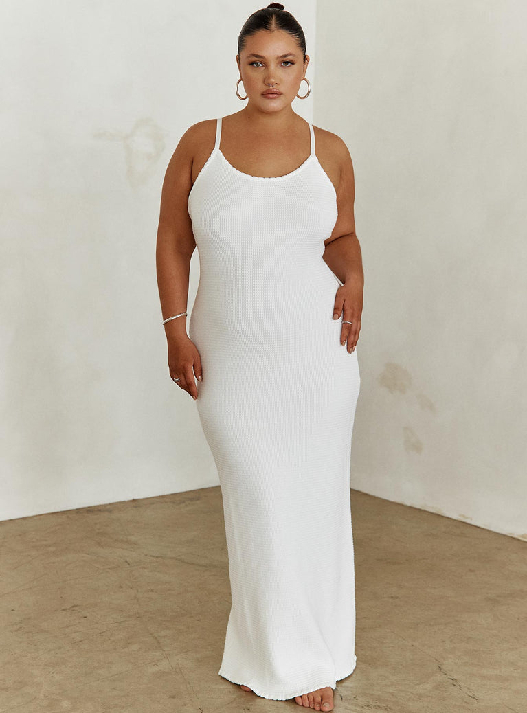 front view of model wearing Princess Polly Kattan Maxi Dress White Curve Scoop Neck 