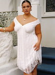 front view of model wearing Princess Polly Breezy Off The Shoulder Mini Dress White Curve Plunger 