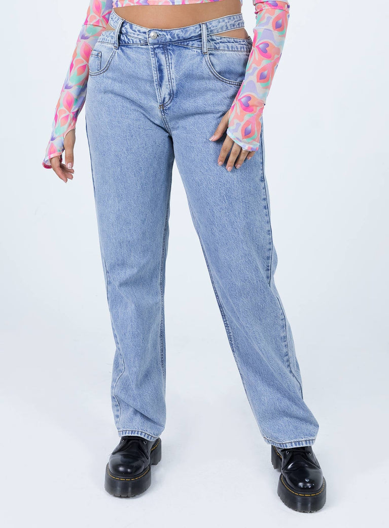 front view of model wearing Princess Polly Mollie Asymmetric Denim Jeans High Waisted 