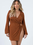 front view of model wearing Princess Polly Karley Wrap Mini Dress Brown 