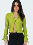 Front view of model wearing  front Princess Polly Full Sleeves Plunger  Aluna Shirt Green