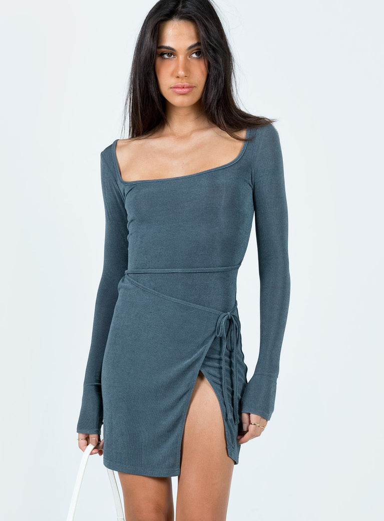 Front view of model wearing  front Princess Polly Asymmetric Neckline  Ura Long Sleeve Mini Dress Grey