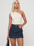 front view of model wearing Princess Polly Heuston Denim Skort Dark Wash High Waisted Shorts 