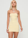 front view of model wearing Princess Polly Savins Strapless Mini Dress Yellow Straight Neck 