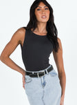 front view of model wearing Princess Polly Beresford Bodysuit Black Sleeveless 