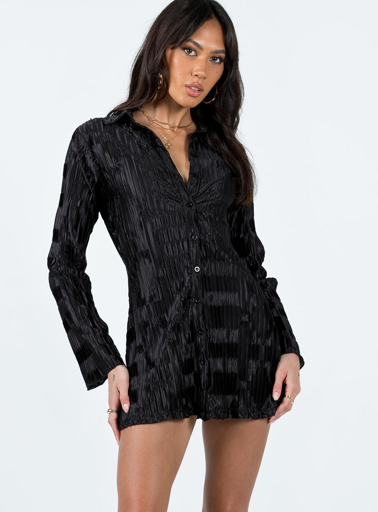 Front view of model wearing  front Princess Polly V-Neck  Lila Shirt Dress Black