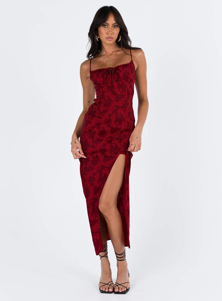 Front view of model wearing  front Princess Polly Boat Neck  Noda Maxi Dress Burgundy