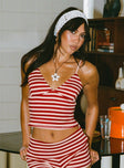 front view of model wearing Princess Polly Miztaray Cami Top Red / Cream Stripe Sleeveless V-Neck 