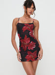 front view of model wearing Princess Polly Kellers Mini Dress Black / Floral Square Neck 