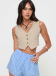 front view of model wearing Princess Polly Burrows Denim Vest Cream Sleeveless V-Neck 