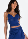 Front view of model wearing  front Princess Polly Sleeveless Asymmetric Neckline  Robek Top Navy