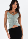 Front view of model wearing  front Princess Polly Sleeveless Square Neck  Juliana Top Green