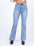 front view of model wearing Princess Polly Tampico Flare Leg Denim Jeans High Waisted 