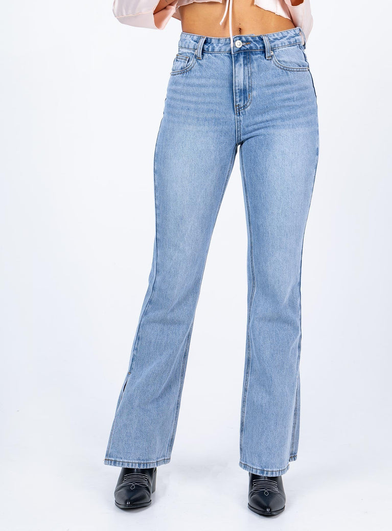 front view of model wearing Princess Polly Tampico Flare Leg Denim Jeans High Waisted 