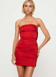 front view of model wearing Princess Polly Shaila Strapless Mini Dress Red Straight Neck 