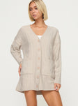 front view of model wearing Princess Polly Cardi Long Sleeve Mini Dress Cream V-Neck 