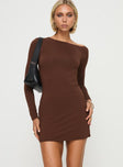 front view of model wearing Princess Polly Kataline Long Sleeve Mini Dress Chocolate Asymmetric Neckline 