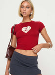 front view of model wearing Princess Polly Sutin Top Cherry Short Sleeves Crew Neck 