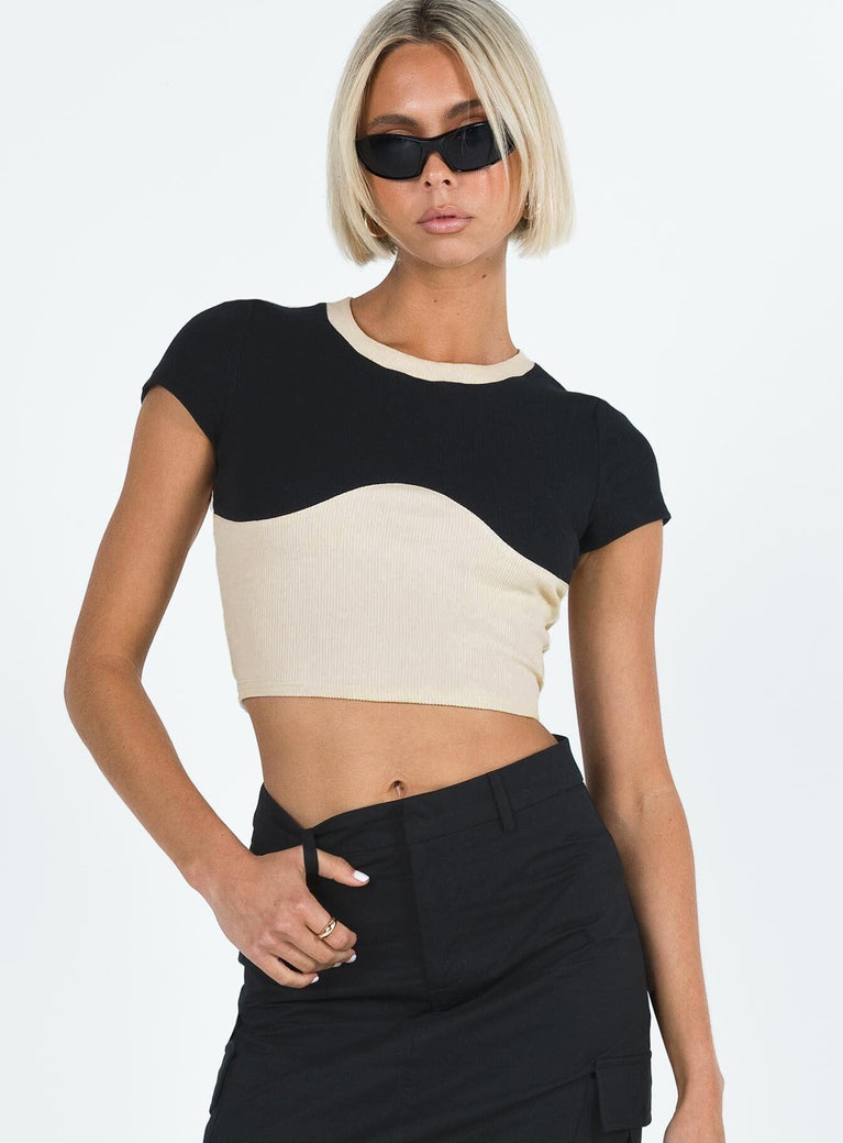 product Princess Polly Short Sleeves Crew Neck  Roka Top Black / Cream