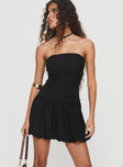 front view of model wearing Princess Polly Nerine Bubble Hem Mini Dress Black Straight Neck 