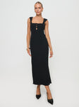 front view of model wearing Princess Polly Chosen Girl Linen Blend Midi Dress Black Square Neck 