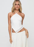 front view of model wearing Princess Polly Taisil Top White Sleeveless Asymmetric Neckline 