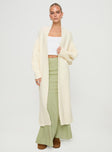 Longline cardigan Cable knit material, drop shoulder, ribbed trim Good stretch, unlined 