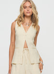 front view of model wearing Princess Polly Days With You Linen Blend Vest Top Sand Sleeveless V-Neck 