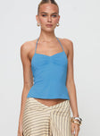 front view of model wearing Princess Polly Rehna Halter Top Blue Sleeveless Sweetheart 